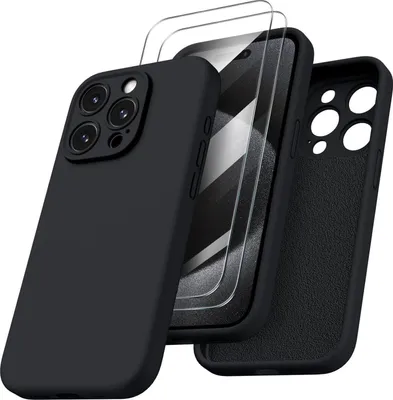 Produktbild von ORNARTO iPhone 15 Pro Hülle mit Kameraschutz, Schutzfolien & flüssigem Silikon - Schwarz