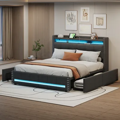 Produktbild von okwish Polsterbett Doppelbett 160 x 200 cm mit LED-Beleuchtung und USB-Steckdose, Hydraulisches Stauraumbett mit 4 Schubladen und Kopfteil Stauraum(Ohne Matratze)- Grau