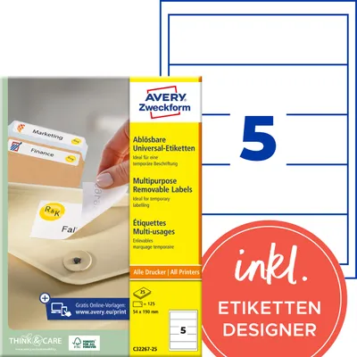 Produktbild von Avery Zweckform C32267-25, Ordner-Einsteckschilder, A4, 54 x 190 mm, 125 Stück / 25 Bögen, weiß