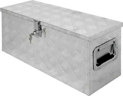 A silver aluminum toolbox with a diamond plate pattern, a lock and key, and a handle on the side.