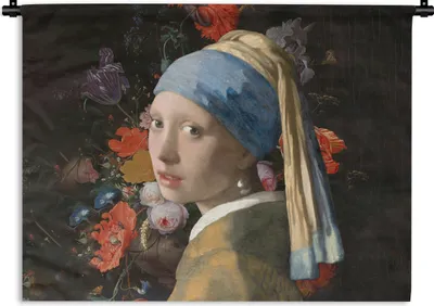 Produktbild von MuchoWow® Wandteppich Wandbehang Das Mädchen mit dem Perlenohrring - Vermeer - Blumen 90x67.5 cm Tapisserie Dekoration Wandtuch - Fototeppich - Wand-Skulpturen