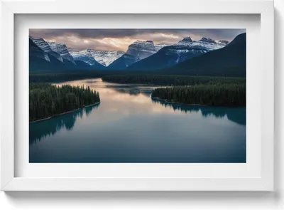 Produktbild von Flusslandschaft aus Wäldern und Bergen– Wandbild mit Rahmen – Gerahmtes Bild  – Wanddekoration – 30x20 cm –  Weiß Rahmen