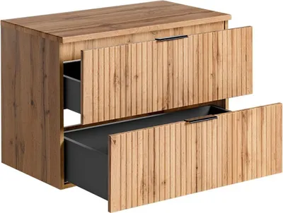 A close-up, front-facing view of a wooden bathroom vanity with two drawers, one of which is partially open.