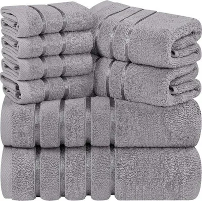 Obrázek produktu pro Sada 8 ručníků Unyqoos® z kvalitní bavlněné směsi, šedá barva – 2 ručníky do koupele (69 x 137 cm), 2 ručníky (41 x 71 cm), 4 osušky (30 x 30 cm), s poutkem na zavěšení