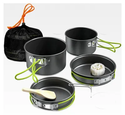 Produktbild von Camping Topfset 11-teilig für 2-3 Personen mit faltbarem Besteck und Outdoor Kochgeschirr