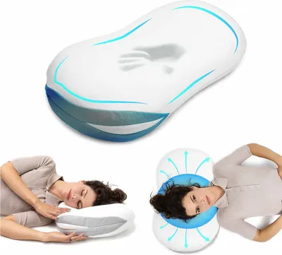 A collage of images showing a pillow and people using it.