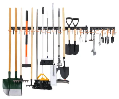 Produktbild von Werkzeughalter - Wandhalterung für Geräte - 172,7 cm Länge - 204 kg Tragkraft - 4 Schienen mit 44 Haken - Kohlenstoffstahl - Mit Schrauben und Dübeln
