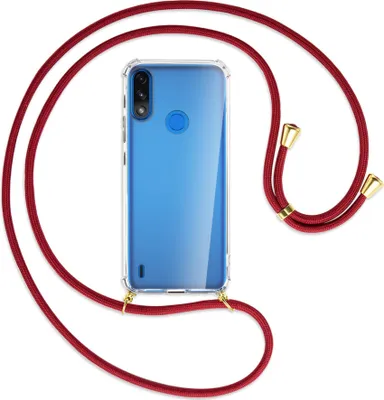 Produktbild von Handykette Backcover-Schutzhülle mit Band (Metall goldfarben) für Motorola Moto E7 Power, E7i Power - dunkelrot