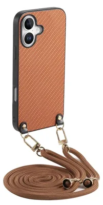 Produktbild von Carbon Textur Design Leder Hülle mit Umhängeband Braun für Apple iPhone 17