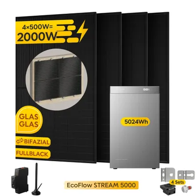 Produktbild von Powerness Balkonkraftwerk mit Speicher EcoFlow STREAM 5000 Speicher 5024Wh & 4x 500W Module & Smart Meter & 4x Fischer Fassadenhalterung