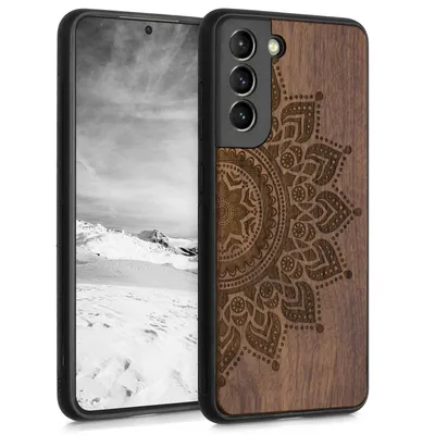 Produktbild von kwmobile Hülle kompatibel mit Samsung Galaxy S21 FE Hülle - Holz Case - Handy Cover - TPU Handyhülle in Dunkelbraun Aufgehende Sonne
