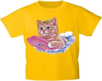 Produktbild von Kinder T-Shirt mit Print Cat Katze auf Surfbrett KA074/1 Gr. 122-164 Color - gelb Größe - 122/128