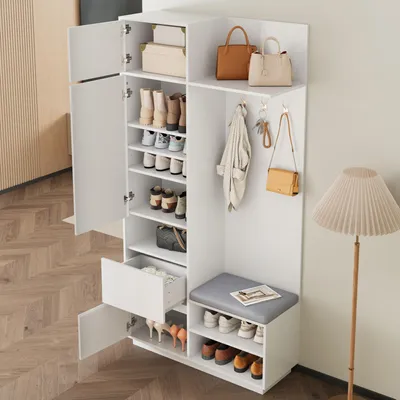 Produktbild von STILVORA Kompaktgarderobe 90×34.5×190cm mit Spiegel und Sitzbank Flurgarderobe mit Schuhschrank und Haken Highboard mit Mehrstufiges Schuhregal, Schubladen und Schuhhocker, Weiß