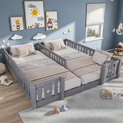 Produktbild von UnboxG Graues Massivholz-Kinderbodenbett mit Schutzgittern – 2er-Set, für 90x200 cm Matratzen, Kindersicher, Montagefreundlich, Modernes Design