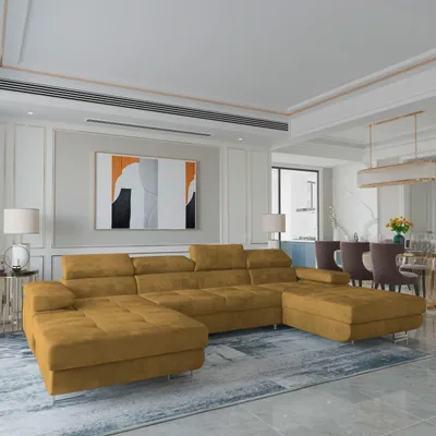 Produktbild von Masseno Ecksofa LYKKE mit Schlaffunktion U-Form, Sofa mit Bettkasten, Wohnzimmersofa, Couch, Soffa, Bettsofa, Couchgarnitur- Gelb, MONOLITH 48