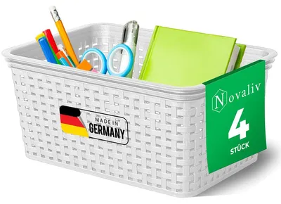 Produktbild von Novaliv 4 Stück Elegante Aufbewahrungskörbe in Rattan-Optik | Weiß Kunststoff 5L – für Büro und Zuhause. Vielseitige Kisten zur Aufbewahrung. Ideale Aufbewahrungsbox Organizer Ordnungsbox