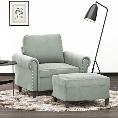 Produktbild von Hellgrauer Sessel mit Hocker aus strapazierfähigem Samt, 60 cm Sitzbreite, stabilem Gestell und platzsparendem Design für das moderne Wohnzimmer
