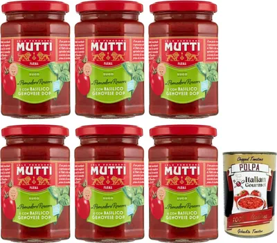Produktbild von 6x Mutti Sugo con Basilico,Sauce mit Rossoro-Tomate und Genuesischem Basilikum DOP,Italienische Tomatensauce 280g + Italian Gourmet Polpa di Pomodoro 400g Dose