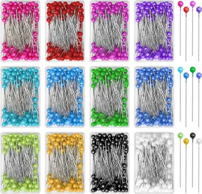 Immagine prodotto di 1200 spille colorate con capocchia | Spille grandi per hijab | Spille da cucito in acciaio inossidabile | 12 colori, 100 per confezione