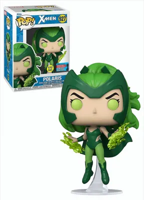 A Funko Pop! vinyl figure of the Marvel X-Men character Polaris, shown in its packaging and also displayed separately.