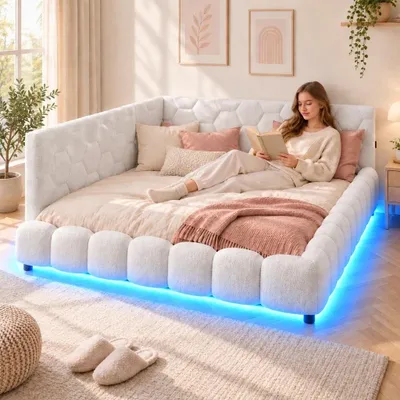 Produktbild von INONEFT Polsterbett 140 x 200 cm, mit Sofa-Funktion, Doppelbett mit LED-Beleuchtung und USB-Anschlüssen,Eckbett,Jugendbett, Weiß