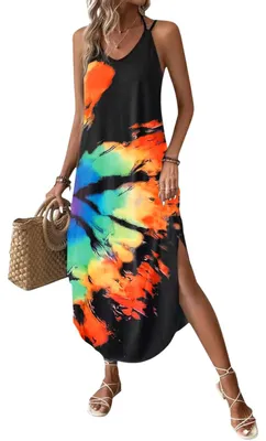 Produktbild von Sommer Maxi Kleid mit Spaghettiträgern und V-Ausschnitt