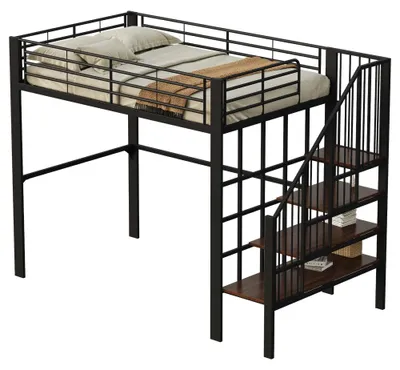 Immagine prodotto di Letto a soppalco - Letto per bambini e adulti - 90 x 200 cm - Struttura robusta in metallo e legno - Spazio contenitivo sotto il letto - Scala - Nero