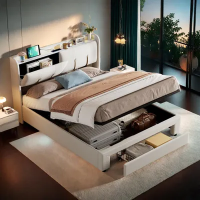 Produktbild von ProximaX Polsterbett mit Stauraum 160x200 cm, Samt Bett mit LED, USB, Hydraulik Bettkasten, Kopfteilregal, Viel Stauraum, Stabil, Komfortabel, Beige