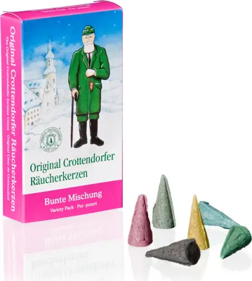 A box of Crottendorfer Räucherkerzen (incense cones) and several colorful incense cones are displayed.