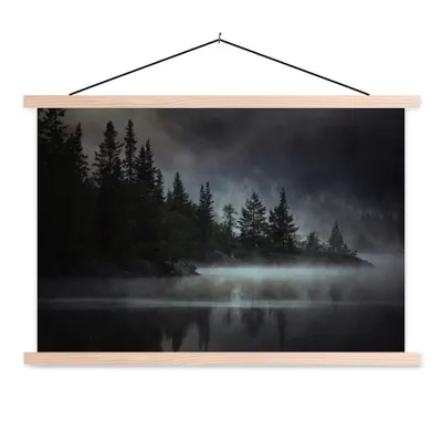 Produktbild von MuchoWow® Textilposter Wald - Nebel - Schwarz - Weiß 60x40 cm mit holzfarbenen Rahmen - Bilder