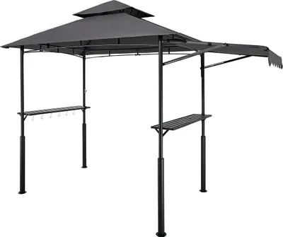 Produktbild von Grill-Pavillon, 2,43 x 1,5 m, doppelstöckiges Dach, verstärkter Grill-Pavillon mit zusätzlicher Markise, pulverbeschichteter Stahl-Terrassengrillüberdachung mit 2 Seitenablagen und Haken, Grillüberdachung für den Außenbereich im Garten