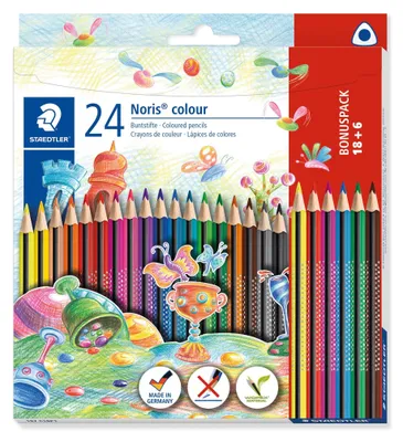 Produktbild von Staedtler Noris Farbe 187 C18P1 - Bleistift de Farbe (bruchfest, dreieckige Form, attraktives Design, glatte und ergonomische Oberfläche, WOPEX-Material, 24 glänzende Bleistifte in einem Etui de.