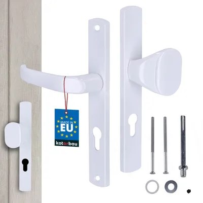 A white door handle set with a 'Made in EU' tag is displayed against a light gray and white background, with some hardware components shown separately.