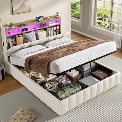 A bedroom scene featuring a bed with storage, a headboard with LED lighting, and a window in the background.