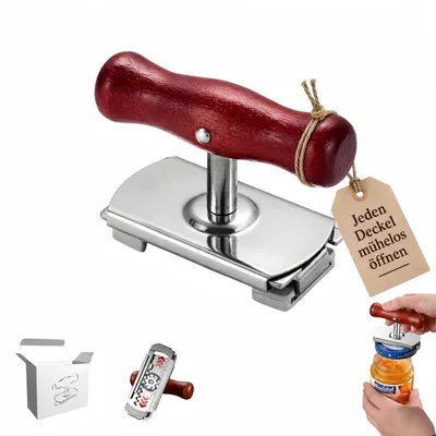 Produktbild von Dosenöffner und Flaschenöffner - Manuell mit verstellbarem Schraubglasöffner - Edelstahl mit Massivholzgriff und rutschfestem Silikongriff