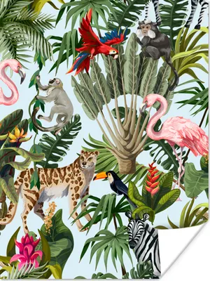 Produktbild von MuchoWow® Poster Dschungel - Tiere - Mädchen - Kinder - Jungen - Flamingo - Papagei 120x160 cm - Wandbilder