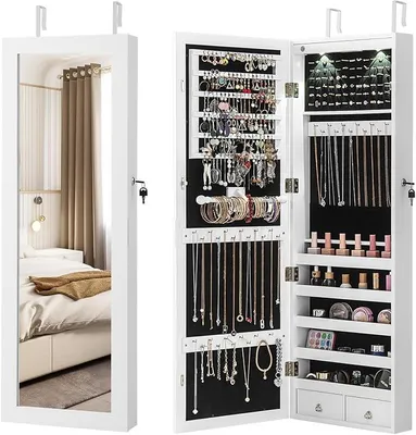 Produktbild von Schmuckschrank hängend, 2 in 1 Spiegelschrank mit LED Leuchten & 2 Schubladen, Hängeschrank abschließbar, Wandschrank Schmuck Organizer zur Wand-/Türmontage, Weiß