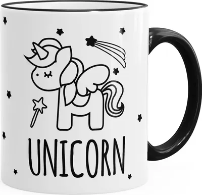 Produktbild von Kaffee-Tasse Einhorn Unicorn Sterne Teetasse Keramiktasse farbige Kante Henkel MoonWorks® schwarz unisize