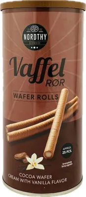 Produktbild von Kakao Waffelröllchen mit Vanillegeschmack Nordthy Denmark 250g