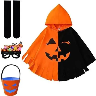 Zdjęcie produktu dla Kostium dyni halloween dla dzieci peleryna kapelusz okulary torba 4 szt.