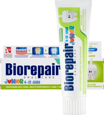 A collage of a toothpaste tube and its packaging, showing product details and illustrations.
