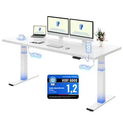 Zdjęcie produktu dla FLEXISPOT ValtreX E200 Biurko z regulacją wysokości 180 x 80 cm, nośność 200 kg, jednoczęściowy blat o grubości 25 mm, 2 silniki, port USB, kolor biały