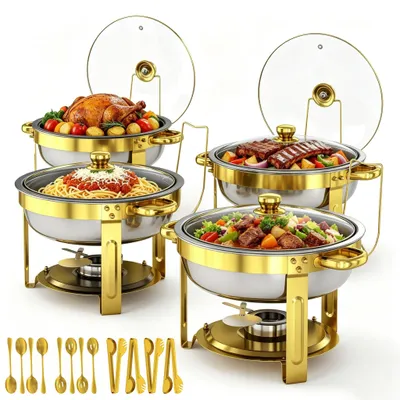 4 runde Chafing Dishes 6QT, Edelstahl, stapelbar, für Buffet