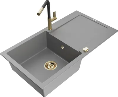 Produktbild von Mexen Leo 1 Becken-Granitspüle mit Abtropffläche und Mischbatterie Flora, Grau - 6501-71-670401-57-G