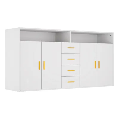A white sideboard with gold handles against a white background.
