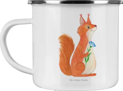 Produktbild von Mr. & Mrs. Panda Campingtasse Eichhörnchen Blume - Weiß - Geschenk, Spaß, Lustige Sprüche, Motivation, Lachen, Spruch Positiv, Haferl, glücklich, Emaille Tasse, Outdoor