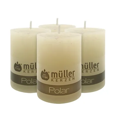 Imagen del producto de Velas Müller, tipo columna POLAR, color marfil. Larga duración de encendido: 46 horas. Juego de 4 unidades [1x4]. No gotean. Vela con efecto lavanda, dimensiones: 68x100 mm