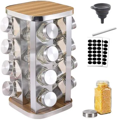 Produktbild von Drehbarer Kräutereinsatz um 360° – aus Edelstahl – mit 16 Kräuterdosen (120 ml), einer Holzablage und Glasbehältern