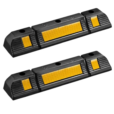 Produktbild von Wiltec Radstopper 60 x 12 x 8 cm, 2x Einparkhilfe aus Gummi, Parkplatzbegrenzung mit gelben Reflexionsstreifen & Schraubrillen, Parkplatzsperre für Garage
