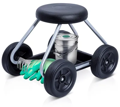 Produktbild von Gartenrollhocker Gartenhocker Gartensitz - Stahlrahmen - 130 kg belastbar - Herausnehmbare Ablage